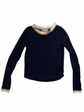 Navy Blue Ribbed Long-Sleeve Tee with Yellow & White Trim